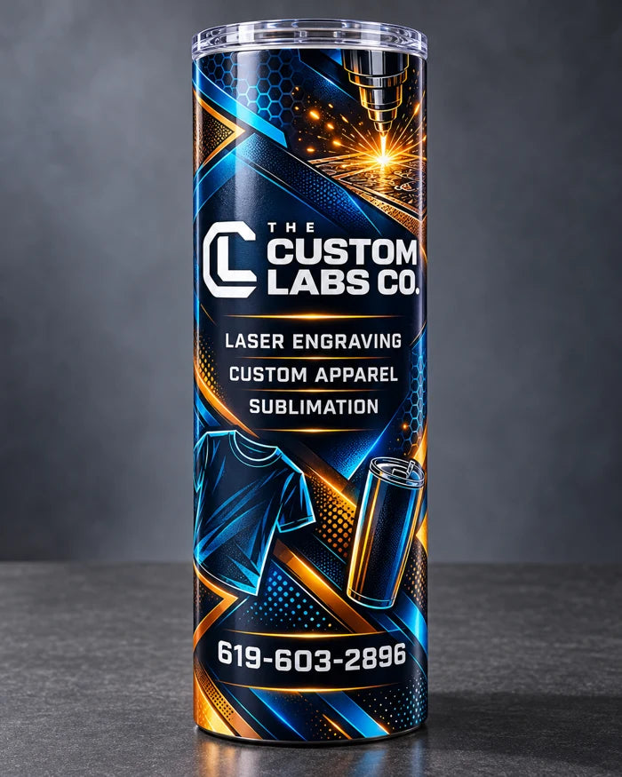 Design mockup of a 20 oz skinny tumbler with navy blue and amber Custom Labs Co. artwork