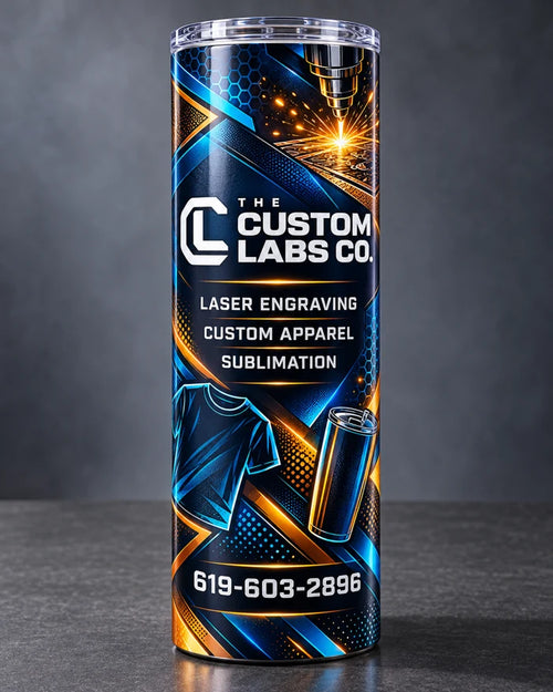 Design mockup of a 20 oz skinny tumbler with navy blue and amber Custom Labs Co. artwork