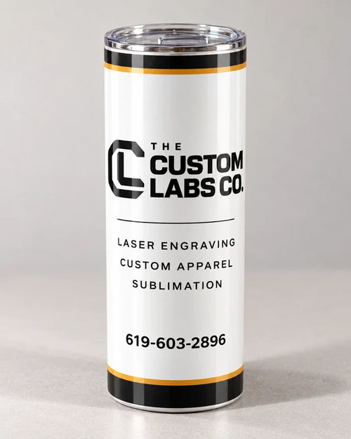 Design mockup of a 20 oz skinny tumbler with minimalist Custom Labs Co. branding