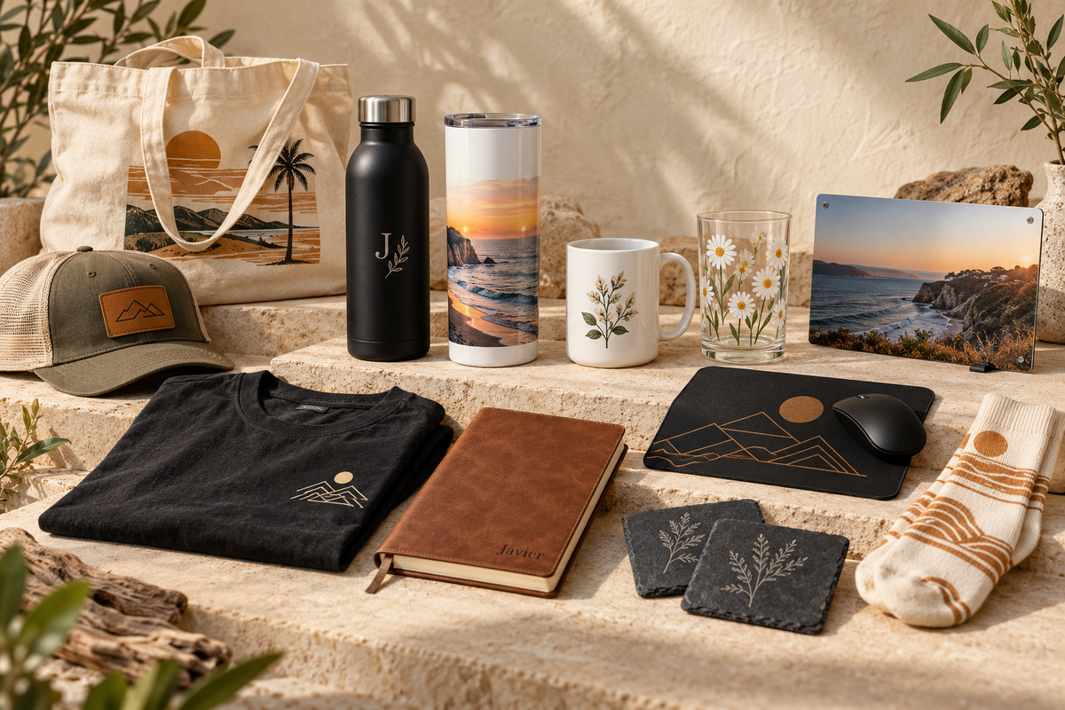 Design inspiration showing personalized bottles, tumblers, mugs, glass cups, apparel, a journal, mouse pad, socks, a photo sign and slate coasters