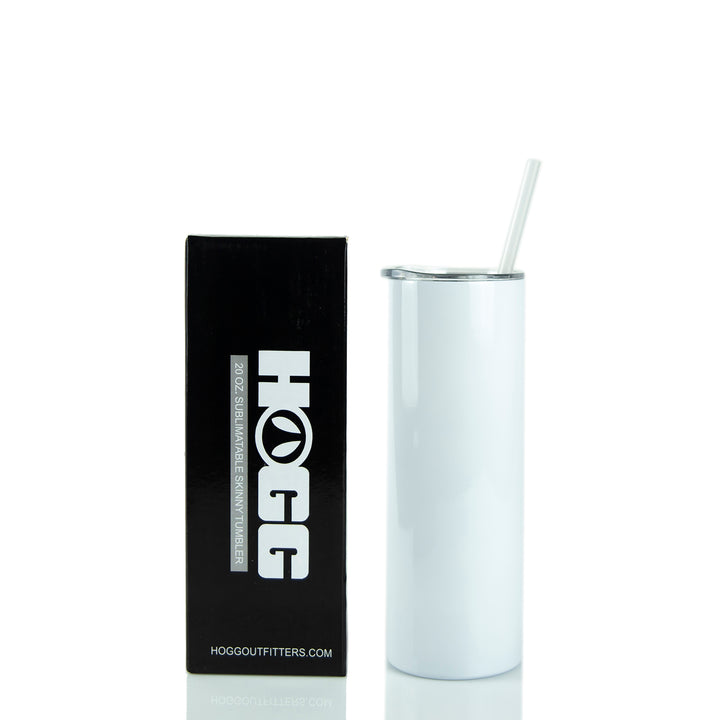 HOGG supplier photo: white 20 oz skinny sublimation tumbler with clear lid, straw and branded box, before personalization