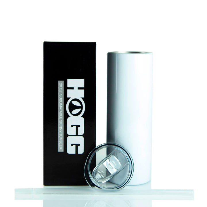 HOGG supplier photo: white 20 oz skinny tumbler with the clear sliding lid removed and straw shown separately