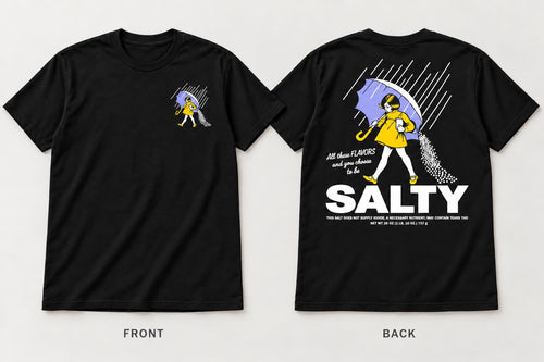 Black Salty graphic T-shirt, front and back.
