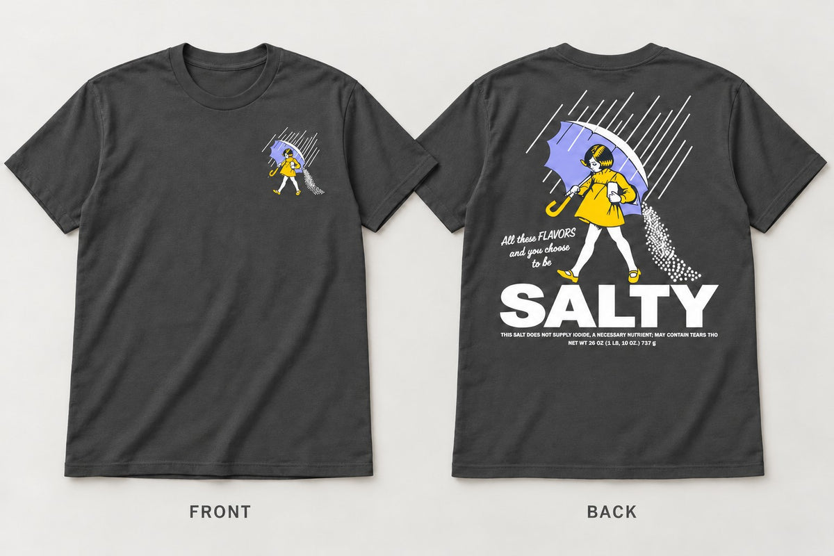 Dark Gray Salty graphic T-shirt, front and back.