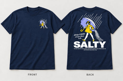 Navy blue Salty graphic T-shirt mockup, front and back. Small left-chest print and large SALTY back design.
