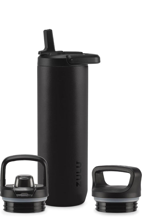 Black 24 oz Zulu bottle with the included straw, chug, and handle lids — shown before personalization