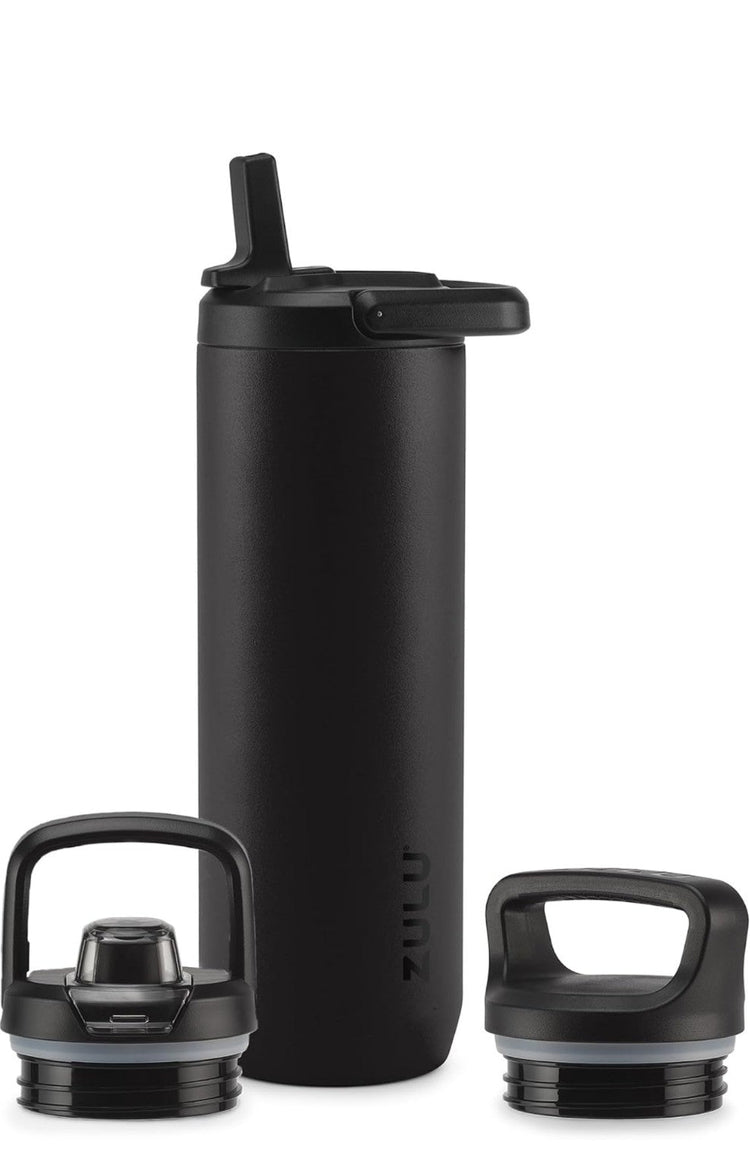 Black Zulu 24 oz bottle with three included lids, before engraving