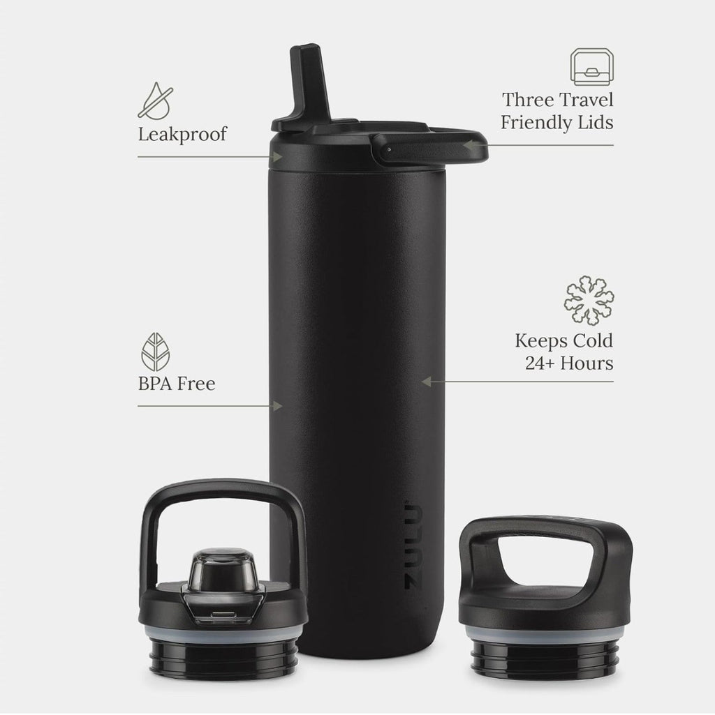 Supplier feature graphic showing the black 24 oz Zulu bottle and three lids