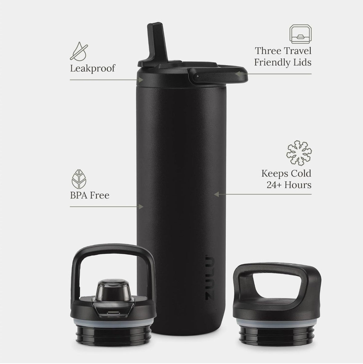 Supplier feature graphic showing the black 24 oz Zulu bottle and three lids