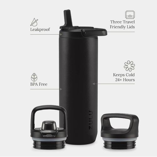 Supplier feature graphic showing the black 24 oz Zulu bottle and three lids