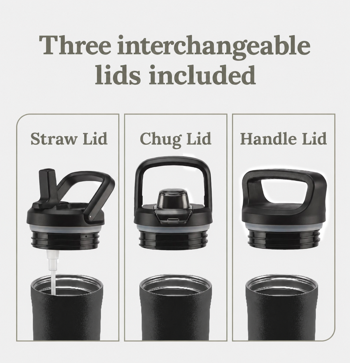 Three interchangeable lids included: straw lid, chug lid, and handle lid